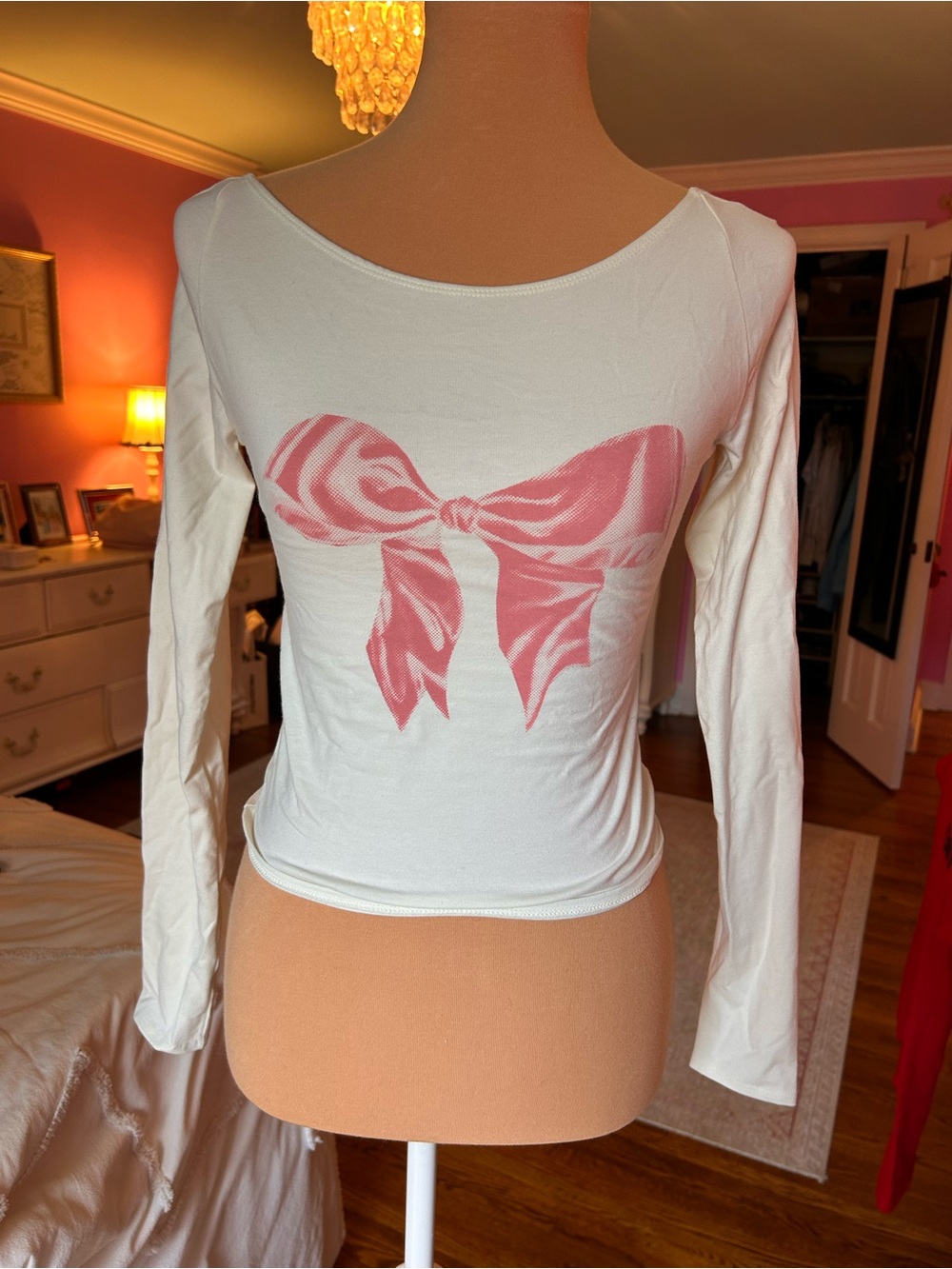 Kimchi Blue White Long-Sleeve Top with Pink Bow Print
